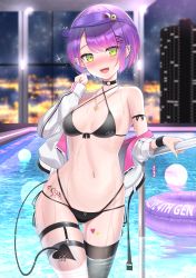 Rule 34 | 1girl, :d, absurdres, arm strap, bikini, black bikini, black choker, black footwear, black thighhighs, blush, breasts, choker, collarbone, ear piercing, fangs, green eyes, hair ornament, halterneck, hand in own hair, happy, hat, heart, heart necklace, highres, hololive, indoors, jacket, jewelry, layered bikini, looking at viewer, medium breasts, navel, navel piercing, necklace, night, night sky, open clothes, open jacket, open mouth, piercing, pool, pool ladder, poolside, purple hair, shiny skin, short hair, side-tie bikini bottom, single thighhigh, skindentation, sky, smile, solo, sparkle, string bikini, swimsuit, tail, tail ornament, tail piercing, tattoo, tattoo on hips, tattoo on legs, thigh strap, thighhighs, tojo aoi, tokoyami towa, virtual youtuber, visor cap, water, wet, x hair ornament