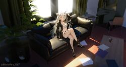 Rule 34 | 1girl, animal ears, arknights, bandeau, bare legs, black footwear, black jacket, boots, breasts, chair, cleavage, commentary, couch, cup, grey eyes, hair ornament, hairclip, highres, indoors, jacket, lappland (arknights), large breasts, long sleeves, looking at viewer, material growth, midriff, minz (minh nguyen), open clothes, open jacket, oripathy lesion (arknights), scar, scar across eye, sitting, solo, stomach, strapless, table, thighs, tube top, white hair, window, wolf ears