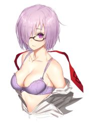 Rule 34 | 1girl, :i, bare shoulders, black-framed eyewear, blush, bra, breasts, cleavage, closed mouth, collarbone, fate/grand order, fate (series), glasses, hair over one eye, highres, hiyashi mirano, image sample, looking at viewer, mash kyrielight, navel, necktie, unworn necktie, off shoulder, open clothes, open shirt, purple bra, purple eyes, purple hair, red necktie, semi-rimless eyewear, shirt, short hair, simple background, solo, under-rim eyewear, underwear, undressing, upper body, white background