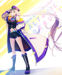 Rule 34 | 1girl, absurdly long hair, absurdres, alta il, ascot, belt, black footwear, black jacket, black shorts, blue belt, boots, brooch, coat, collared shirt, commentary request, english text, floating hair, full body, hair between eyes, hand on headwear, hand on own hip, hat, highres, jacket, jewelry, kotomuku, long hair, long sleeves, maha5, midriff, off shoulder, purple hat, shirt, short shorts, shorts, sleeveless, sleeveless jacket, sleeveless shirt, smile, solo, standing, suspenders, twintails, very long hair, virtual youtuber, white coat, white hair, white shirt, yellow eyes, zipper footwear