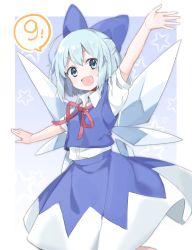 Rule 34 | 1girl, :d, akagashi hagane, arm up, blue bow, blue eyes, blue hair, bow, buttons, circled 9, cirno, collared shirt, cowboy shot, hair bow, ice, ice wings, looking at viewer, neck ribbon, open mouth, red ribbon, ribbon, shirt, short hair, short sleeves, skirt, skirt set, sleeveless, smile, solo, star (symbol), touhou, white shirt, wings