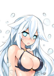 Rule 34 | 1girl, bad id, bad pixiv id, bare shoulders, bikini, black bikini, black heart (neptunia), blue eyes, blush, breasts, cleavage, halterneck, highres, large breasts, long hair, looking at viewer, neptune (series), noire (neptunia), open mouth, purerin, solo, swimsuit, symbol-shaped pupils, upper body, very long hair, white hair