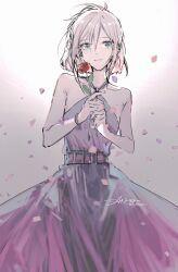 Rule 34 | 1girl, absurdres, an-94 (girls&#039; frontline), an-94 (silent rouge) (girls&#039; frontline), bare shoulders, blonde hair, blueblossom, breasts, character name, closed mouth, dress, earrings, evening gown, falling petals, flower, folded ponytail, girls&#039; frontline, gradient dress, green eyes, halter dress, halterneck, highres, holding, holding flower, jewelry, long hair, looking at viewer, official alternate costume, petals, red flower, signature, small breasts, solo, stud earrings, white dress