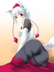 Rule 34 | 1girl, animal ears, ass, detached sleeves, female focus, gisyo, gradient background, hat, inubashiri momiji, short hair, silver hair, solo, tail, tokin hat, touhou, wolf ears, wolf tail, yellow eyes