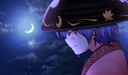 Rule 34 | 1girl, bowl, bowl hat, crescent moon, crying, crying with eyes open, hat, japanese clothes, kimono, moon, night, open mouth, purple hair, red eyes, satou yuuki, short hair, solo, sukuna shinmyoumaru, tears, touhou