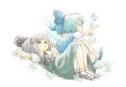 Rule 34 | 2girls, arms behind head, bloomers, blue eyes, blue hair, bow, cirno, frog, grass, hair bow, ice, juggling, konpaku youmu, lying, mary janes, multiple girls, ohyo, on back, profile, shoes, short hair, silver hair, sitting, socks, touhou, underwear, upskirt, wings