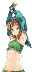 Rule 34 | 1boy, ?, abs, armpits, arms up, bare shoulders, blonde hair, blue eyes, crossdressing, detached sleeves, gerudo set (zelda), highres, jewelry, link, male focus, march-bunny, navel, nintendo, solo, stomach, stretching, sweat, sweatdrop, the legend of zelda, trap, veil