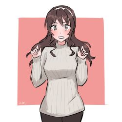 Rule 34 | 0komeshi, 1girl, alternate costume, artist request, ashigara (kancolle), black pants, blush, brown eyes, brown hair, casual, commentary request, kantai collection, looking at viewer, one-hour drawing challenge, pants, ribbed sweater, solo, sweater, translation request, white headwear, white sweater