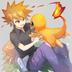 Rule 34 | 1boy, bad id, bad pixiv id, black shirt, blue oak, brown eyes, charmander, collarbone, collared shirt, creatures (company), fanny pack, fire, flame-tipped tail, game freak, gen 1 pokemon, happy, highres, mo-re:, nintendo, open mouth, orange hair, pants, pokemon, pokemon (creature), pokemon frlg, purple pants, shirt, short sleeves, sitting, smile, spiked hair, teeth, tongue, v-neck