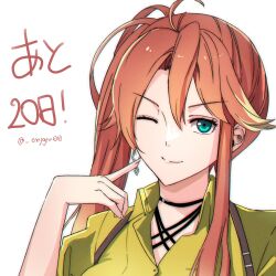 1girl ahoge countdown double-parted_bangs earrings eiyuu_densetsu green_eyes highres jewelry judith_ranster kai_no_kiseki kuro_no_kiseki_(series) long_hair looking_at_viewer multicolored_hair one_eye_closed oxygen00 ponytail red_hair sidelocks simple_background single_earring smile solo twitter_username two-tone_hair upper_body white_background