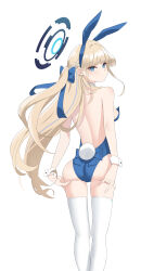 Rule 34 | 1girl, absurdres, animal ears, ass, back, bare shoulders, blonde hair, blue archive, blue eyes, blue leotard, blush, braid, breasts, detached collar, earpiece, fake animal ears, fake tail, french braid, halo, highleg, highleg leotard, highres, leotard, long hair, looking at viewer, looking back, medium breasts, playboy bunny, rabbit ears, rabbit tail, solo, surock, tail, thighhighs, thighs, toki (blue archive), toki (bunny) (blue archive), white thighhighs, wrist cuffs