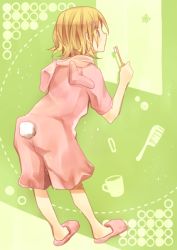 Rule 34 | 1girl, bad id, bad pixiv id, blonde hair, rabbit tail, child, from behind, kagamine rin, pajamas, short hair, slippers, solo, tail, toothbrush, utaori, vocaloid