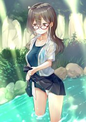 Rule 34 | 1girl, breasts, female focus, glasses, hair ornament, hairclip, highres, long hair, mitake eil, nature, one-piece swimsuit, original, outdoors, partially submerged, pleated skirt, skirt, smile, solo, swimsuit, swimsuit under clothes, wet, wet clothes