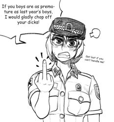 Rule 34 | 1girl, angry, army, gogocherry, greyscale, hard-translated, hat, middle finger, military, military hat, military uniform, monochrome, profanity, third-party edit, translated, uniform