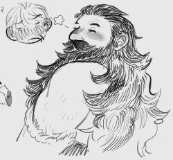 Rule 34 | 2boys, ^ ^, bara, beard, blush, chilchuck tims, closed eyes, couple, cropped torso, dungeon meshi, dwarf, facial hair, facing to the side, greyscale, happy, interracial, long beard, male focus, monochrome, multiple boys, mustache, seagiri, senshi (dungeon meshi), sigh, sketch, smile, solo focus, sparse arm hair, thick mustache, very long beard, yaoi