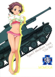 Rule 34 | 10s, absurdres, barefoot, bikini, breasts, brown hair, caterpillar tracks, cleavage, clothes lift, emblem, frilled bikini, frills, full body, girls und panzer, hairband, highres, looking at viewer, military, military vehicle, momogaa (girls und panzer), motor vehicle, ooarai (emblem), open mouth, pink bikini, pink hairband, red eyes, shiny skin, short hair, small breasts, standing, sweater, sweater lift, swimsuit, tank, type 3 chi-nu, undressing, white background
