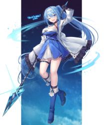Rule 34 | 1girl, alyssa (specktech), blue eyes, blue hair, boots, breasts, cleavage, commentary, commission, detached collar, dress, english commentary, full body, glint, gloves, hair between eyes, hairband, holding, holding polearm, holding weapon, jacket, knee boots, large breasts, long hair, long sleeves, one eye closed, open clothes, open jacket, open mouth, original, phantasy star, phantasy star online 2, polearm, ponytail, shichigatsu, skeb commission, weapon