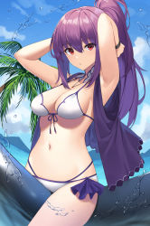 Rule 34 | 1girl, alternate costume, armpits, arms up, bikini, blue sky, breasts, cleavage, cowboy shot, day, fate/grand order, fate (series), front-tie bikini top, front-tie top, hair between eyes, highres, inflatable toy, long hair, looking at viewer, medium breasts, mountainous horizon, navel, ocean, outdoors, palm tree, ponytail, purple hair, purple ribbon, red eyes, ribbon, scathach (fate), scathach skadi (fate), sky, solo, splashing, stomach, suiroh (shideoukami), swimsuit, thighs, tiara, tree, vest, white bikini