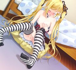 Rule 34 | 1girl, bare shoulders, bed, blonde hair, blue eyes, blush, breast hold, breasts, censored, choker, collar, corset, feet, female masturbation, fingering, flat chest, frills, game cg, gothic lolita, grabbing own breast, hair ribbon, happoubi jin, kanojo x kanojo x kanojo, lock, lolita fashion, long hair, masturbation, mosaic censoring, nipples, no panties, orifushi mafuyu, pussy, ribbon, sitting, small breasts, solo, striped clothes, striped thighhighs, thighhighs, twintails, wrist cuffs
