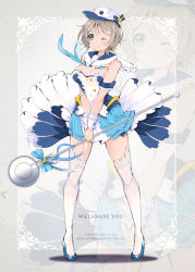 Rule 34 | 1girl, armband, blue bow, blue eyes, blue footwear, blue neckwear, blue ribbon, blush, bow, breasts, character name, cleavage, closed mouth, earrings, grey hair, heart, high heels, highres, holding, holding staff, holding weapon, jewelry, love live!, love live! school idol festival, love live! sunshine!!, medium breasts, miniskirt, necktie, one eye closed, own hands together, pleated skirt, qianqian, ribbon, short hair, skirt, sleeveless, smile, staff, star (symbol), star earrings, strapless, thighhighs, watanabe you, weapon, white thighhighs, wrist cuffs