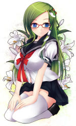 Rule 34 | 1girl, alternate costume, bad anatomy, bad hands, bad id, bad pixiv id, bespectacled, blue eyes, breasts, easter lily, female focus, floral background, flower, frog, glasses, green hair, hair ornament, highres, impossible clothes, impossible shirt, kneeling, kochiya sanae, large breasts, lily (flower), long hair, mikan (5555), no panties, poorly drawn, school uniform, seiza, serafuku, shirt, sitting, snake, solo, thighhighs, touhou, white flower, white thighhighs, zettai ryouiki