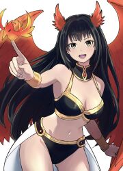Rule 34 | 1girl, bikini, bird, black bikini, black hair, breasts, brown eyes, cleavage, commentary, detached collar, feathered wings, fire, gold trim, gold wrist cuffs, highres, index finger raised, long hair, looking at viewer, navel, open mouth, original, phoenix, phoenix wings, red wings, rgbrgb000, sarong, simple background, solo, standing, swimsuit, teeth, white background, white sarong, wings