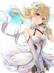 Rule 34 | 1girl, bare shoulders, black gloves, blonde hair, breasts, cleavage, closed mouth, commentary, cowboy shot, detached sleeves, dress, fingerless gloves, flower, genshin impact, gloves, hair between eyes, hair flower, hair ornament, hand in own hair, hand up, haru (nakajou-28), head tilt, lily (flower), looking at viewer, lumine (genshin impact), medium breasts, short hair with long locks, solo, standing, white dress, white flower, white sleeves, wind, yellow eyes