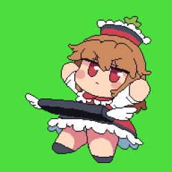 Rule 34 | 1girl, animated, animated gif, blush, brown hair, chibi, closed mouth, commentary request, frown, full body, fumo (doll), green background, hat, hat ornament, highres, instrument, keyboard (instrument), long sleeves, lyrica prismriver, medium bangs, pixel art, red eyes, red hat, red skirt, red vest, shirt, short hair, simple background, skirt, skirt set, solo, star (symbol), star hat ornament, tonchamon san, touhou, v-shaped eyebrows, vest, white shirt