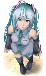 Rule 34 | 1girl, aqua eyes, aqua hair, bad id, bad pixiv id, breasts, detached sleeves, female focus, full body, gradient background, hatsune miku, kibamigohann, long hair, necktie, solo, tears, thighhighs, twintails, vocaloid, white background