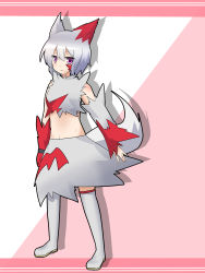 Rule 34 | 1girl, absurdres, animal ears, asymmetrical clothes, bare shoulders, boots, detached sleeves, facial tattoo, frown, fur trim, gloves, highres, kuyuri y, looking at viewer, midriff, navel, open \m/, personification, pokemon, purple eyes, short hair, skirt, solo, tail, tattoo, thigh boots, thighhighs, torizaki kuyuri, white footwear, white hair, zangoose