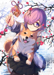 Rule 34 | 1girl, baisi shaonian, black-framed eyewear, black skirt, carrying, commentary request, dog, fate/grand order, fate (series), flower, from above, fujimaru ritsuka (female), glasses, hair over one eye, highres, long hair, looking at viewer, mash kyrielight, pantyhose, pleated skirt, purple eyes, purple hair, short hair, skirt, smile, solo