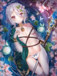 Rule 34 | 1girl, afloat, antenna hair, bad id, bad pixiv id, between legs, blue bow, blurry, blurry foreground, blush, bow, bow panties, breasts, bridal gauntlets, closed mouth, collar, collarbone, depth of field, elf, feet out of frame, flower, from above, frown, hair between eyes, hair flower, hair ornament, hand on own chest, kokkoro (princess connect!), leaf, looking at viewer, madara (mdrrikdou), navel, panties, pointy ears, pouch, princess connect!, princess connect!, purple eyes, see-through, silver hair, small breasts, solo, stomach, tears, thigh gap, topless, underwear, water, white flower, white panties