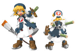 Rule 34 | 1girl, blonde hair, blue hat, blue jacket, brown footwear, dress, easel, full body, giant brush, gloves, green eyes, grey dress, hair tubes, hat, holding, holding brush, jacket, looking at viewer, multiple views, open mouth, oversized object, pencil, pixiv, pixiv-tan, short hair, simple background, soutasan, standing, white background, white gloves