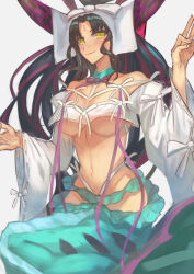 Rule 34 | 1girl, bikini, black hair, black horns, breasts, closed mouth, commentary, english commentary, fate/grand order, fate (series), forehead tattoo, hands up, highres, horns, large breasts, long hair, long horns, long sleeves, looking at viewer, mermaid costume, mudra, multicolored hair, multicolored horns, navel, neck ribbon, parted bangs, pink hair, pink horns, pink ribbon, pott (rdomname), ribbon, ribbon-trimmed sleeves, ribbon trim, sessyoin kiara, sessyoin kiara (swimsuit mooncancer), sessyoin kiara (swimsuit mooncancer) (third ascension), sidelocks, simple background, smile, solo, streaked hair, swimsuit, two-tone horns, underboob, very long hair, vitarka mudra, white background, white bikini, white veil, wide sleeves, yellow eyes