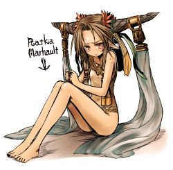 Rule 34 | 1girl, bare legs, bare shoulders, barefoot, blush, brown hair, character name, fingers together, full body, hair ornament, highres, horn ornament, horns, index fingers together, kotoba noriaki, leaf hair ornament, long legs, looking at viewer, nose blush, one-piece swimsuit, original, parted bangs, parted lips, pixiv fantasia, pointy ears, red eyes, simple background, sitting, slit pupils, solo, sweatdrop, swimsuit, trembling, vest, white background