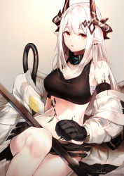 Rule 34 | 1girl, arknights, bare shoulders, black collar, black gloves, collar, commentary, crop top, gloves, grey background, highres, horns, infection monitor (arknights), long hair, looking at viewer, material growth, midriff, mudrock (arknights), mudrock (elite ii) (arknights), navel, off shoulder, oripathy lesion (arknights), parted lips, pointy ears, red eyes, sakusyo, sarashi, silver hair, solo, sports bra, stomach