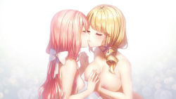 Rule 34 | 2girls, abigail (heart of the woods), blonde hair, blush, breast press, breasts, closed eyes, couple, drill hair, face-to-face, female focus, hair ornament, hair ribbon, hands up, heart of the woods, highres, imminent kiss, interlocked fingers, kiss, large breasts, long hair, maddie raines, multiple girls, nipples, nude, open mouth, parted lips, pink hair, ribbon, rosuuri, short hair, simple background, small breasts, topless, upper body, yuri