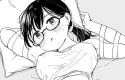Rule 34 | 1girl, bad id, bad pixiv id, bdsm, blush, bondage, bound, bound arms, breasts, commentary request, commission, covered erect nipples, glasses, greyscale, large breasts, long hair, looking at viewer, lying, miyama (kannsannn), monochrome, on back, on bed, original, parted lips, pillow, ponytail, shirt, skeb commission, solo, sweat, upper body