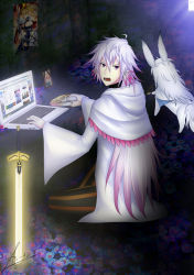 Rule 34 | 1boy, ahoge, animal ears, artoria pendragon (all), artoria pendragon (fate), artoria pendragon (lancer) (fate), bad id, bad pixiv id, bedroom, commentary, computer, excalibur (fate/stay night), fate/grand order, fate (series), flower, fou (fate), glowing, glowing sword, glowing weapon, google, google chrome, gradient hair, hair between eyes, highres, hikikomori, hooded robe, iei, indoors, jeanne d&#039;arc (fate), jeanne d&#039;arc (ruler) (fate), laptop, long hair, looking back, male focus, mash kyrielight, merlin (fate/stay night), mouse (computer), mousepad, mousepad (object), multicolored hair, neet, open mouth, pants, photo (object), pink hair, poster (object), purple eyes, robe, romani archaman, saber (fate), signature, sitting, solo, striped clothes, striped pants, sunlight, sword, teeth, very long hair, weapon, white hair, white robe, window, window (software), windows 7