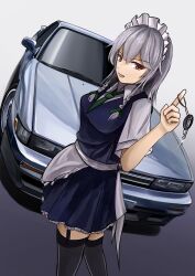 Rule 34 | 1girl, 3books, absurdres, apron, black thighhighs, blue skirt, blue vest, bow, braid, breasts, car, collared shirt, commentary, cowboy shot, dress shirt, frilled skirt, frills, garter straps, green bow, green necktie, grey hair, hair bow, hand up, headlight, highres, holding, index finger raised, izayoi sakuya, key, looking at viewer, maid, maid apron, maid headdress, medium breasts, motor vehicle, necktie, nissan, nissan s13 silvia, nissan silvia, open mouth, red eyes, shirt, short sleeves, skirt, smile, solo, sports car, standing, thighhighs, tire, touhou, twin braids, v-shaped eyebrows, vest, white shirt, white sleeves, zettai ryouiki