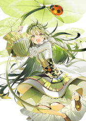 Rule 34 | 1girl, brown footwear, bug, frilled skirt, frilled sleeves, frills, green eyes, green hair, green skirt, green theme, highres, insect, kitada mo, ladybug, leaf umbrella, long hair, long sleeves, open mouth, original, resolution mismatch, skirt, smile, source smaller, wide sleeves