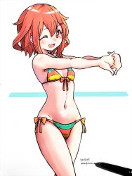 Rule 34 | 1girl, artist name, bikini, brown hair, cowboy shot, dated, fang, feet out of frame, flat chest, front-tie top, hair between eyes, hair ornament, hairclip, ikazuchi (kancolle), kantai collection, looking at viewer, multicolored bikini, multicolored clothes, one eye closed, open mouth, pen, red eyes, short hair, side-tie bikini bottom, skin fang, smile, solo, standing, stretching, swimsuit, unagiman, white background
