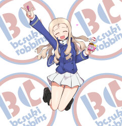 Rule 34 | 1girl, :d, absurdres, arm up, backlighting, baskin-robbins, bc freedom military uniform, black footwear, blonde hair, blue jacket, blue vest, boots, closed eyes, commentary, cup, dress shirt, drill hair, facing viewer, floating, food, full body, girls und panzer, green eyes, heart, high collar, highres, holding, holding food, holding spoon, ice cream, jacket, legs up, logo parody, long hair, long sleeves, marie (girls und panzer), military, military uniform, miniskirt, open mouth, pleated skirt, shibainutank, shirt, skirt, smile, solo, spoon, uniform, vest, white shirt, white skirt