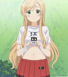 10s 1girl anime_screenshot blonde_hair clothes_lift female_focus futsuu_no_joshikousei_ga_locodol_yattemita green_eyes highres kohinata_yukari long_hair navel pleated_skirt shirt_lift skirt solo