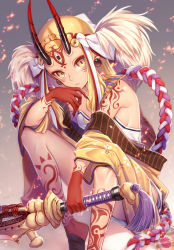 Rule 34 | 1girl, blonde hair, breasts, claws, earrings, facial mark, fate/grand order, fate (series), highres, horns, ibaraki douji (fate), japanese clothes, jewelry, kimono, long hair, looking at viewer, natsutora, oni, oni horns, pointy ears, solo, sword, tattoo, weapon, yellow eyes
