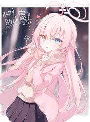 Rule 34 | 1girl, ahoge, blue archive, blue eyes, blush, brown skirt, cold, commentary request, halo, happy birthday, heterochromia, highres, hoshino (blue archive), jacket, long hair, long sleeves, looking at viewer, pink hair, pink jacket, pink scarf, pleated skirt, scarf, skirt, sweater, ushimu, white halo, yellow eyes, yellow sweater