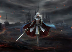 Rule 34 | armor, armored boots, belt, boots, cape, castle, chuby mi, closed mouth, cloud, cloudy sky, dark sky, debris, dress, earrings, facing viewer, final fantasy, final fantasy xiv, gauntlets, highres, holding, holding sword, holding weapon, jewelry, leg armor, long hair, looking at viewer, paladin (final fantasy), pauldrons, scenery, shoulder armor, silver hair, skirt, sky, sword, walking, wall, warrior, weapon, white dress