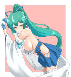 Rule 34 | 1girl, against wall, blue gloves, blush, breasts, closed mouth, come hither, from side, fundoshi, gloves, green hair, japanese clothes, large breasts, long hair, magia azure, magical girl, mahou shoujo ni akogarete, miko, minakami sayo, no bra, pink background, ponytail, red eyes, sideboob, simple background, solo, tweela