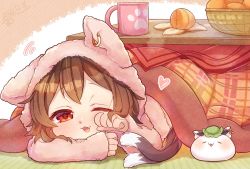 Rule 34 | 1girl, :3, alternate costume, animal ear fluff, animal ears, basket, blush, brown hair, cat ears, cat tail, chen, closed eyes, commentary request, cup, dress, earrings, eyelashes, fang, food, fruit, green hat, hat, highres, ibaraki natou, jewelry, kotatsu, long sleeves, looking at viewer, lying, mandarin orange, mob cap, mochen, mug, multiple tails, nekomata, on stomach, one eye closed, open mouth, pink dress, red eyes, rubbing eyes, short hair, single earring, sleepwear, solo, table, tail, touhou, two tails, waking up
