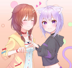 Rule 34 | 2girls, ^ ^, animal ears, bad id, bad pixiv id, black hoodie, blush, brown hair, cat ears, cat girl, cat tail, closed eyes, closed mouth, dog ears, facing another, from side, heart, hololive, hood, hoodie, inugami korone, inugami korone (1st costume), jacket, looking at viewer, midori matsukaze, multiple girls, nekomata okayu, nekomata okayu (1st costume), purple eyes, purple hair, short hair, smile, tail, upper body, v, virtual youtuber, yellow jacket, yuri